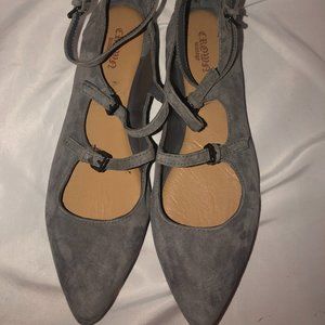Crown Vintage 7M Gray Suede Flats Pointed Toe Buckle Straps BEBE Back Ankle Zip